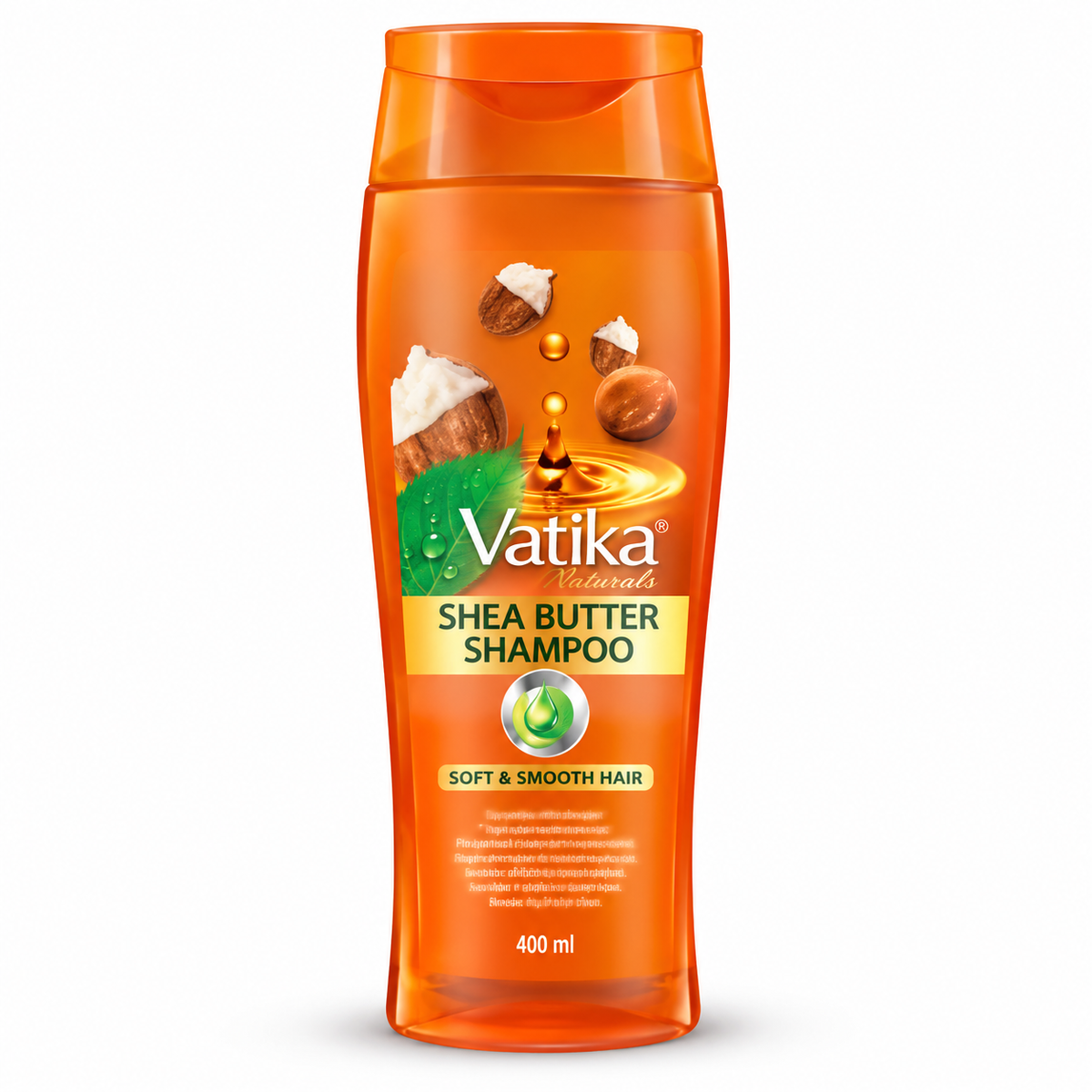 Vatika Naturals Shea Butter Shampoo 400ml bottle featuring vibrant orange packaging, a matching orange cap, the Vatika Naturals logo, and illustrations of shea nuts, shea butter, and green leaves. Displayed upright against a clean white background.