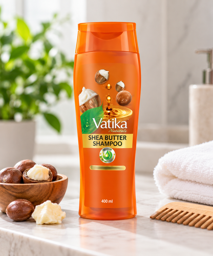 Vatika Naturals Shea Butter Shampoo 400ml bottle displayed on a marble bathroom countertop beside a wooden bowl of shea nuts, shea butter, a folded white towel, and a wooden comb. Soft natural lighting and green plants create a fresh, spa-inspired setting for a hair care product listing.