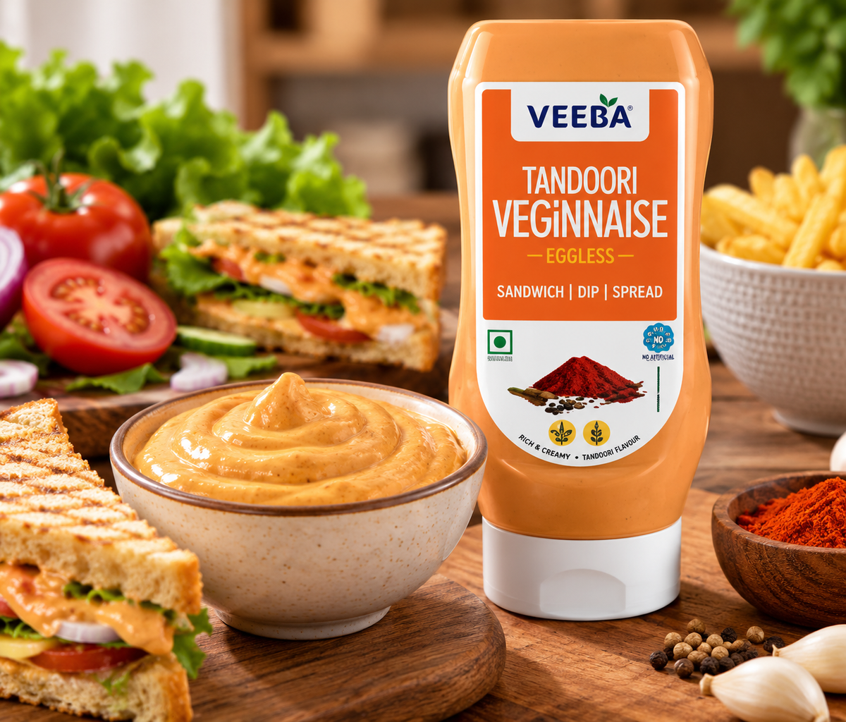 Veeba Tandoori Veginnaise Eggless 300g bottle displayed beside a bowl of creamy orange tandoori dip, grilled vegetable sandwiches, fresh tomatoes, lettuce and tandoori spices on a wooden kitchen counter.Veeba Tandoori Veginnaise Eggless 300g bottle displayed beside a bowl of creamy orange tandoori dip, grilled vegetable sandwiches, fresh tomatoes, lettuce and tandoori spices on a wooden kitchen counter.