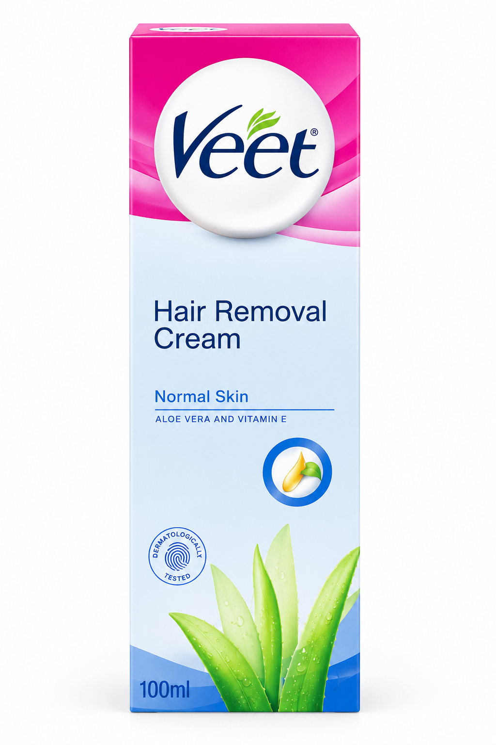 Veet Hair Removal Cream for Normal Skin 100ml featuring a tall rectangular box with vibrant pink upper packaging, a pale blue body, the iconic Veet logo in dark blue lettering, and clear Hair Removal Cream and Normal Skin text. The packaging includes aloe vera and vitamin E details, a circular skincare emblem, and fresh green aloe vera leaf illustrations at the bottom. Displayed upright against a clean white background, highlighting Veet hair removal cream for convenient at-home hair removal and smooth-feel