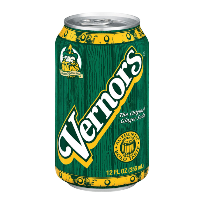 Vernors Ginger Ale Soda 355ml can featuring bold and spicy ginger flavor, offering a refreshing, carbonated soda with extra zing.