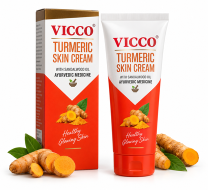 Vicco Turmeric Skin Cream in a white and red tube with matching packaging, featuring turmeric illustrations and gold accents on a clean white background.
