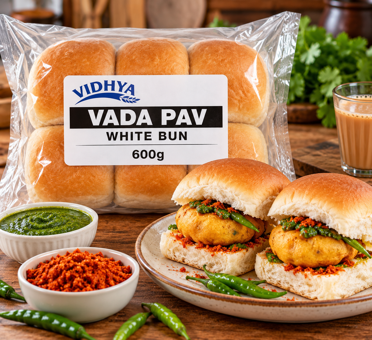 Vidhya Vada Pav White Bun 600g packet displayed beside freshly prepared vada pav sandwiches filled with golden potato fritters, green chutney and red garlic masala, served with green chillies and a glass of chai on a wooden table.