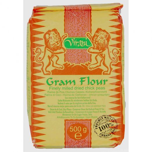 Virani Gram Flour 500g pack – yellow and orange bag with lion illustration and green Virani logo, labeled Besan chickpea flour.