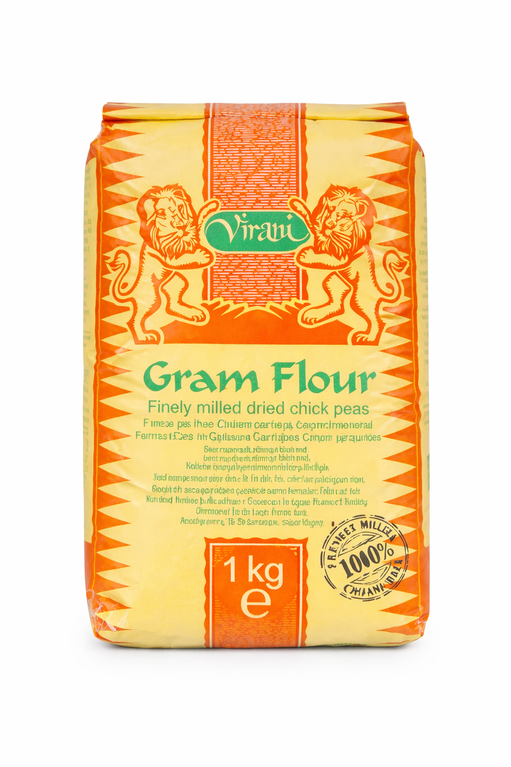 Virani Gram Flour 1kg pack – yellow and orange packaging with twin lion design and green Virani logo, labeled Besan chickpea flour.