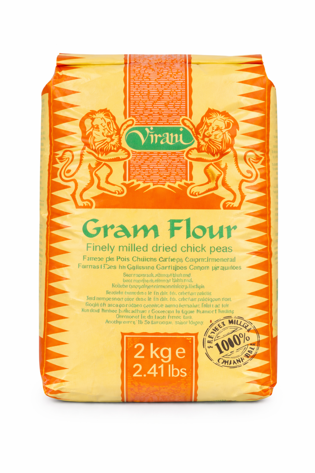 Virani Gram Flour 2kg pack – large yellow and orange bag with lion graphics and green Virani branding, labeled Besan gram flour.
