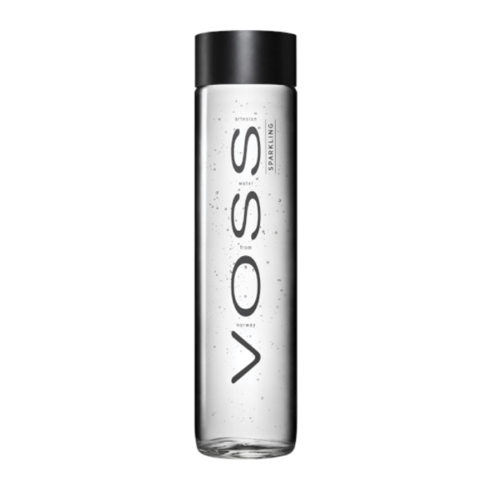 Voss Sparkling Water in tall 800 ml clear glass bottle with signature Voss branding
