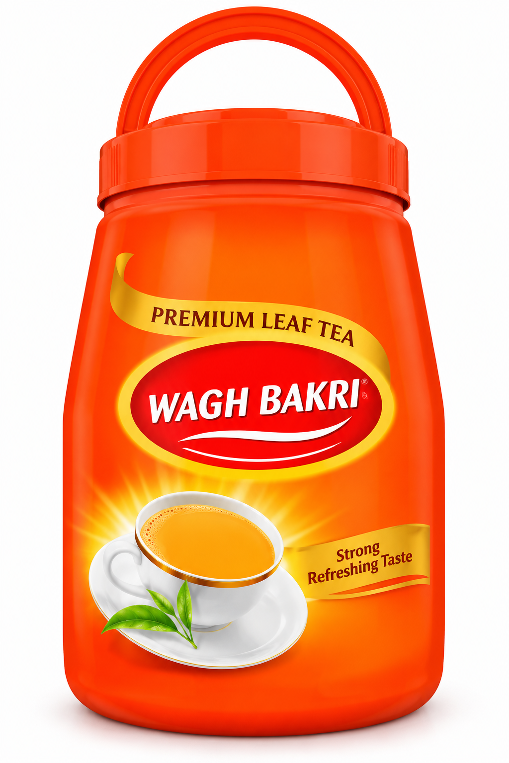 Wagh Bakri Premium Leaf Tea 1kg jar featuring bright orange-red packaging, a matching red-orange lid with a convenient carry handle, and the red-and-gold Wagh Bakri logo. The front label displays a cup of amber tea with green tea leaves and a premium tea design, photographed against a clean white background.