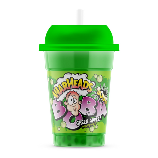 Warheads Sour Boba Green Apple 400ml bottle with tangy green apple flavor and chewy boba pearls, offering a sour and sweet drink experience.