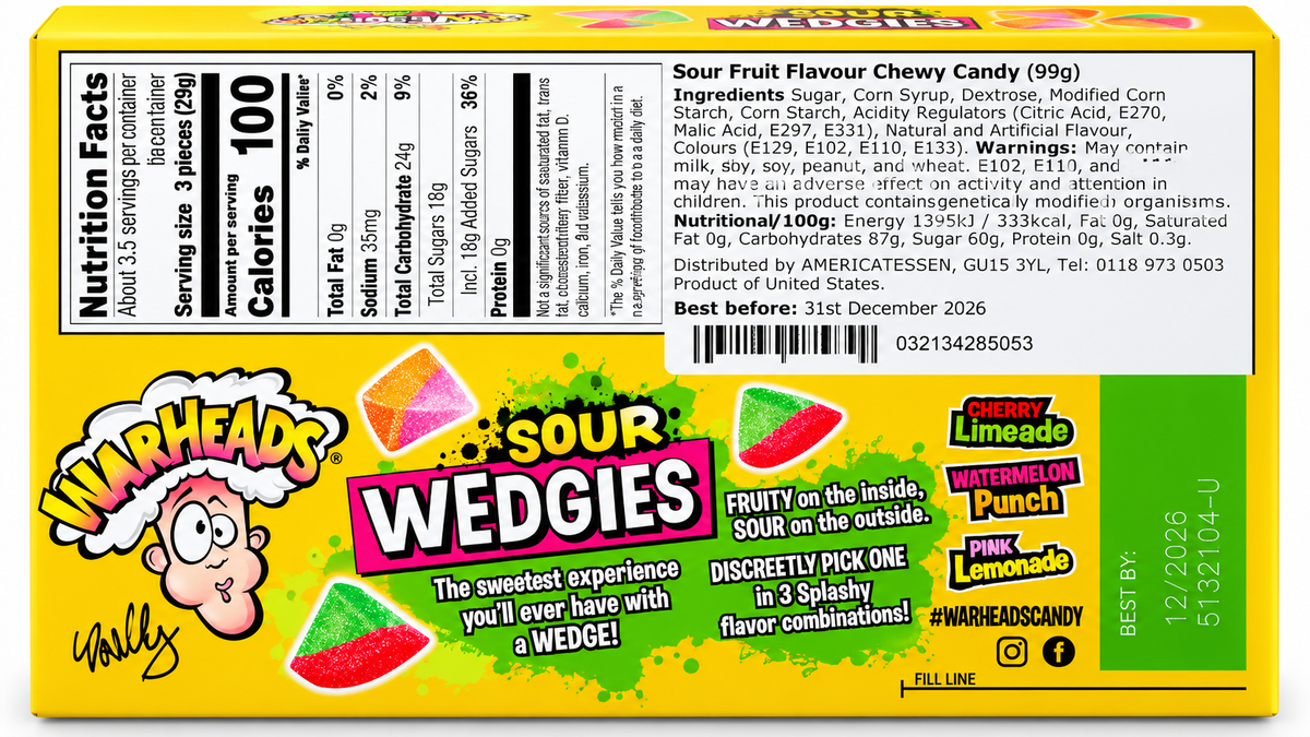 Warheads Sour Wedgies 99g back packaging showing ingredients, nutrition information, allergen warnings, barcode, product of United States information and best-before date of 31 December 2026.