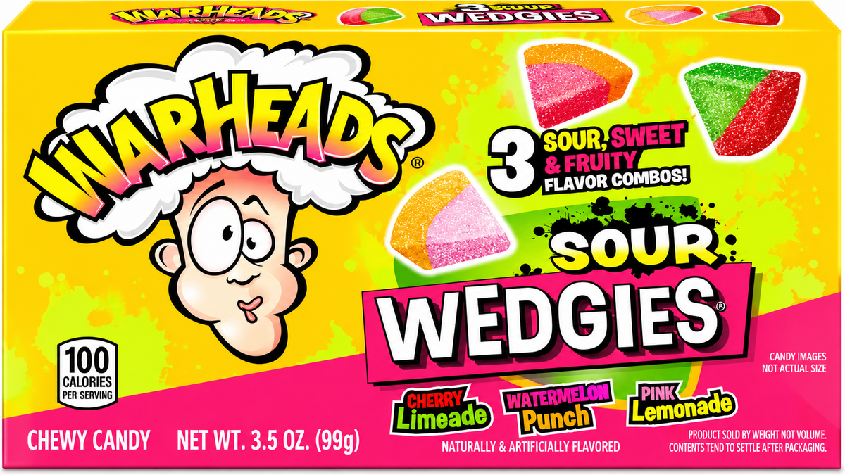 Warheads Sour Wedgies 99g front packaging featuring colourful sour chewy candy wedges, three fruity flavour combinations including Cherry Limeade, Watermelon Punch and Pink Lemonade, with bright yellow Warheads branding.