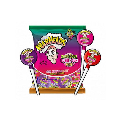 Warheads Super Sour Bubble Gum Pops in assorted flavours (Blue Raspberry, Green Apple, Watermelon, Black Cherry) – Individually wrapped lollipops with a sour coating and bubble gum center. 