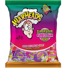 Warheads Super Sour Bubble Gum Pops in assorted flavours (Blue Raspberry, Green Apple, Watermelon, Black Cherry) – Individually wrapped lollipops with a sour coating and bubble gum center.