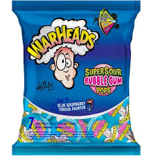 Warheads Super Sour Bubble Gum Pops, assorted flavours (Blue Raspberry, Green Apple, Watermelon, Black Cherry) – wrapped lollipops with a sour coating and bubble gum centre.
