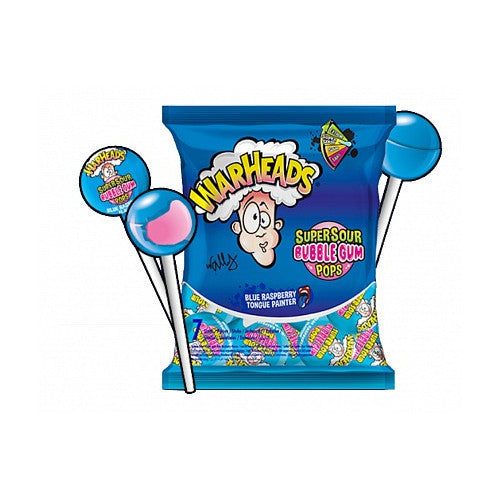 Warheads Super Sour Bubble Gum Pops, assorted flavours (Blue Raspberry, Green Apple, Watermelon, Black Cherry) –  wrapped lollipops with a sour coating and bubble gum centre.