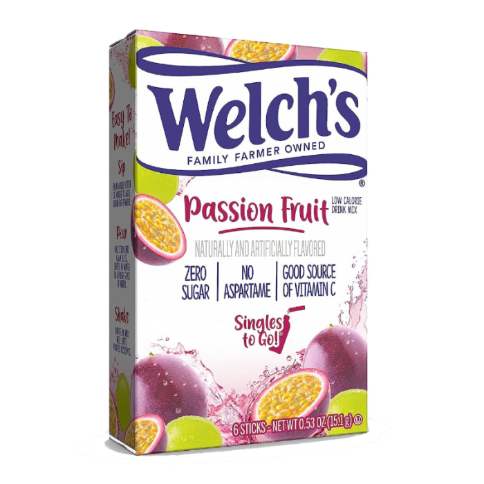 Welch’s Zero Sugar Singles To Go Passionfruit drink mix packets, showcasing individual serving sizes for convenient, on-the-go hydration with tropical passionfruit flavor.