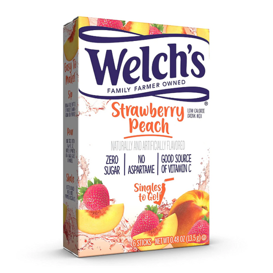 Welch’s Singles To Go Strawberry Peach drink mix packets, showcasing individual serving sizes for convenient, on-the-go hydration.