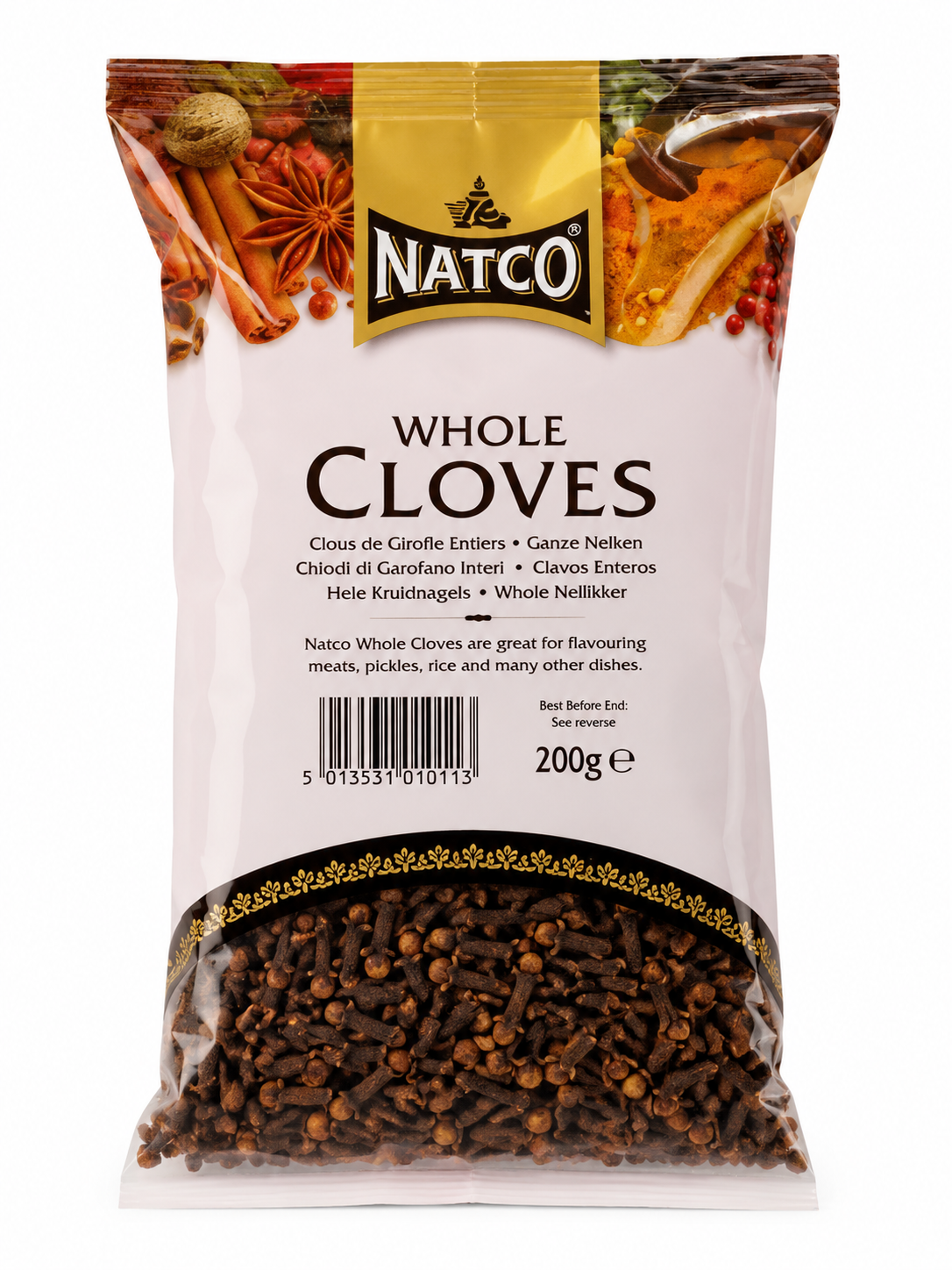A 200g bag of Natco Whole Cloves, featuring a white and gold package with illustrations of spices and a clear lower section showing the whole cloves inside.