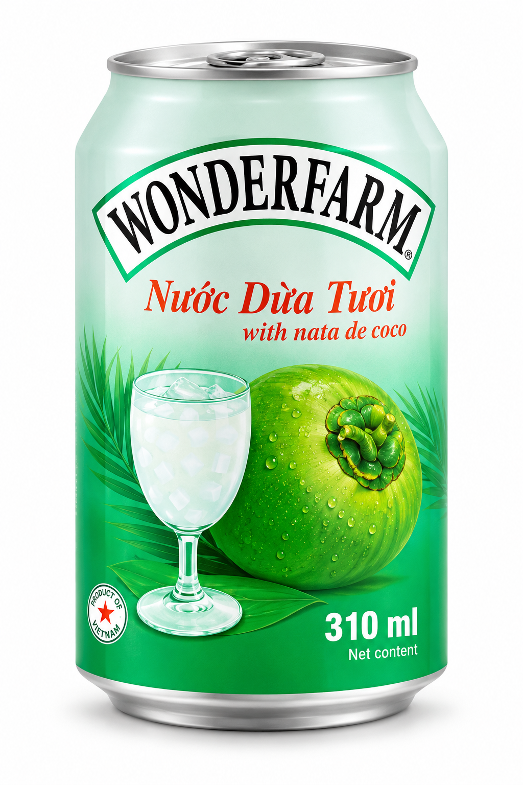 Wonderfarm Coconut Drink with Nata de Coco 310ml can featuring green packaging, coconut imagery and Vietnamese branding on a white background.