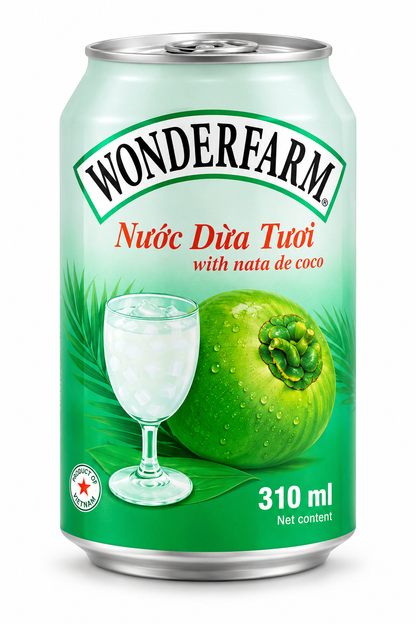 Wonderfarm Coconut Drink with Nata de Coco 310ml can featuring green packaging, coconut imagery and Vietnamese branding on a white background.