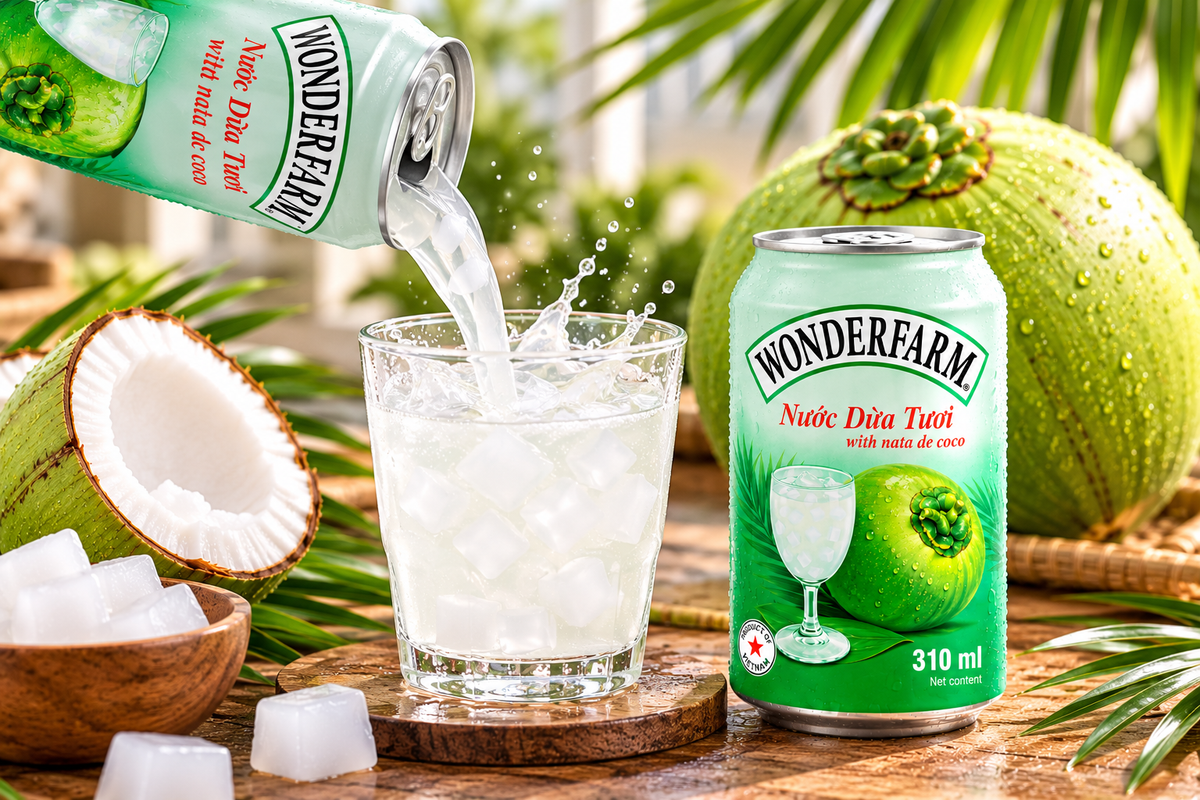 Wonderfarm Coconut Drink with Nata de Coco 310ml can pouring coconut beverage into an ice-filled glass, surrounded by fresh coconuts and tropical green leaves.