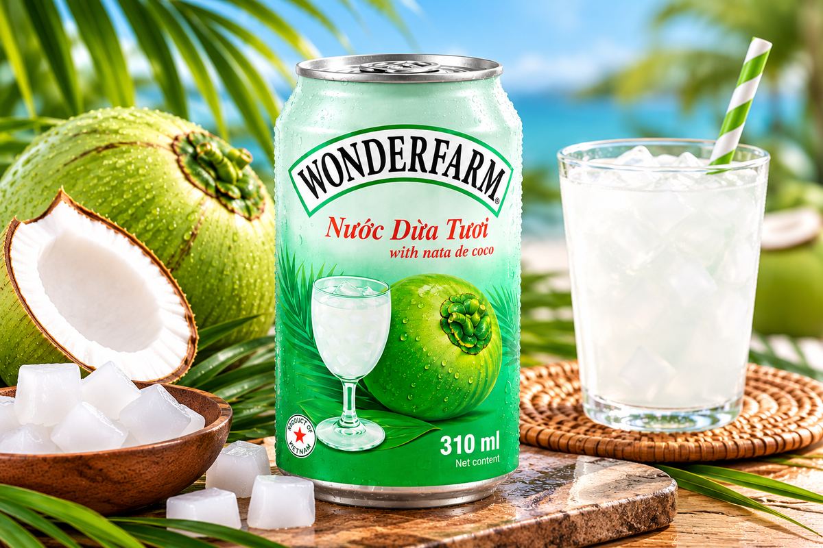 Wonderfarm Coconut Drink with Nata de Coco 310ml can displayed with fresh green coconuts, tropical leaves, ice and a chilled coconut beverage.