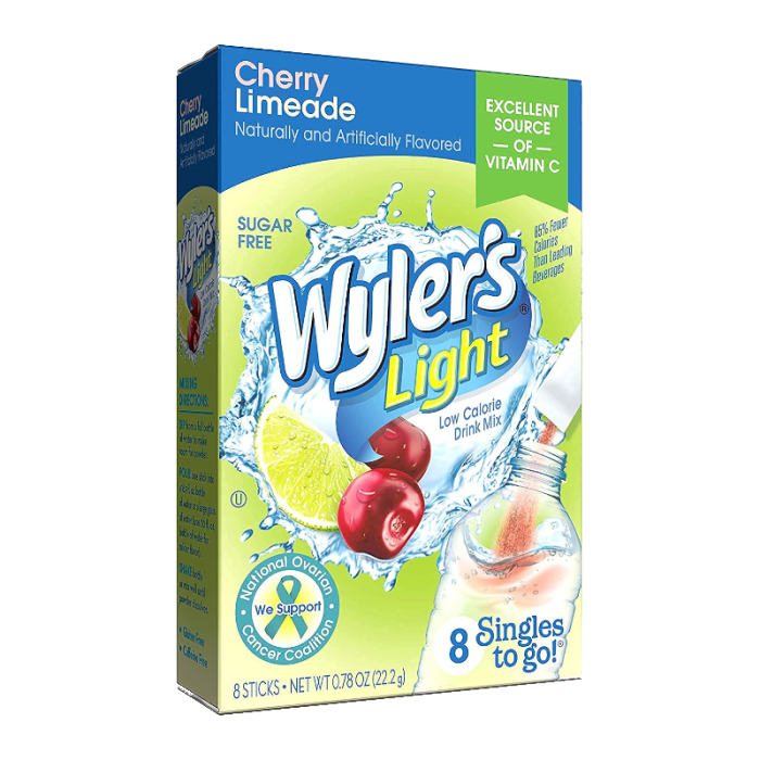 Wyler's Light Singles To Go Cherry Limeade drink mix packets, showing individual serving sizes for easy, on-the-go hydration with a tangy cherry limeade flavor.