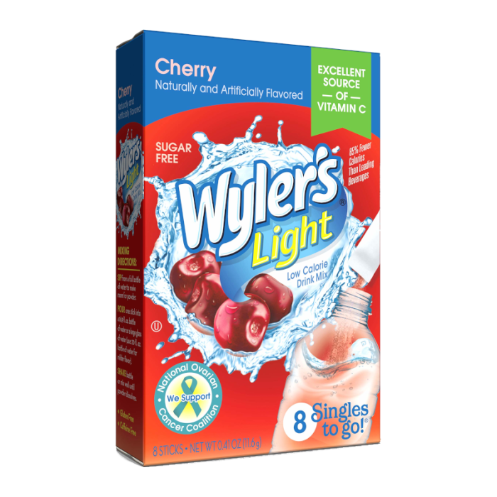 Wyler's Light Singles To Go Cherry drink mix packets, showing individual servings for easy hydration with a refreshing cherry flavor.
