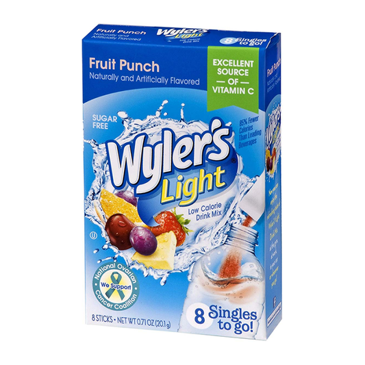 Wyler's Light Singles To Go Fruit Punch drink mix packets, showcasing individual serving sizes for convenient, on-the-go hydration with a tropical fruit punch flavor.