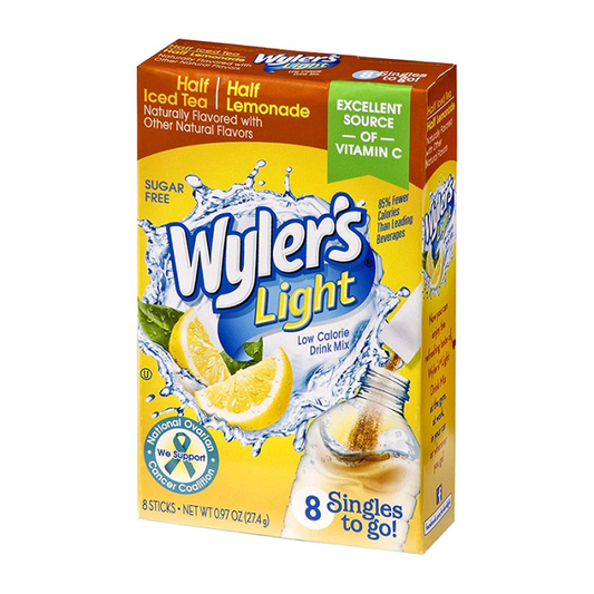 Wyler's Light Singles To Go Half Iced Tea Half Lemonade drink mix packets, showcasing individual servings for easy, on-the-go hydration with a refreshing iced tea and lemonade blend.