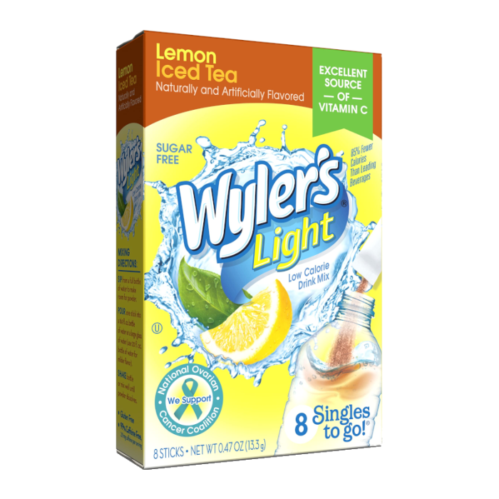 Wyler's Light Singles To Go Lemon Iced Tea drink mix packets, showcasing individual servings for easy, on-the-go hydration with a refreshing lemon iced tea flavor.