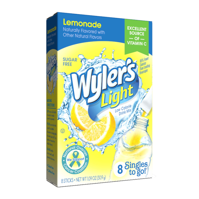 Wyler's Light Singles To Go Lemonade drink mix packets, showcasing individual servings for easy, on-the-go hydration with a refreshing lemonade flavor.