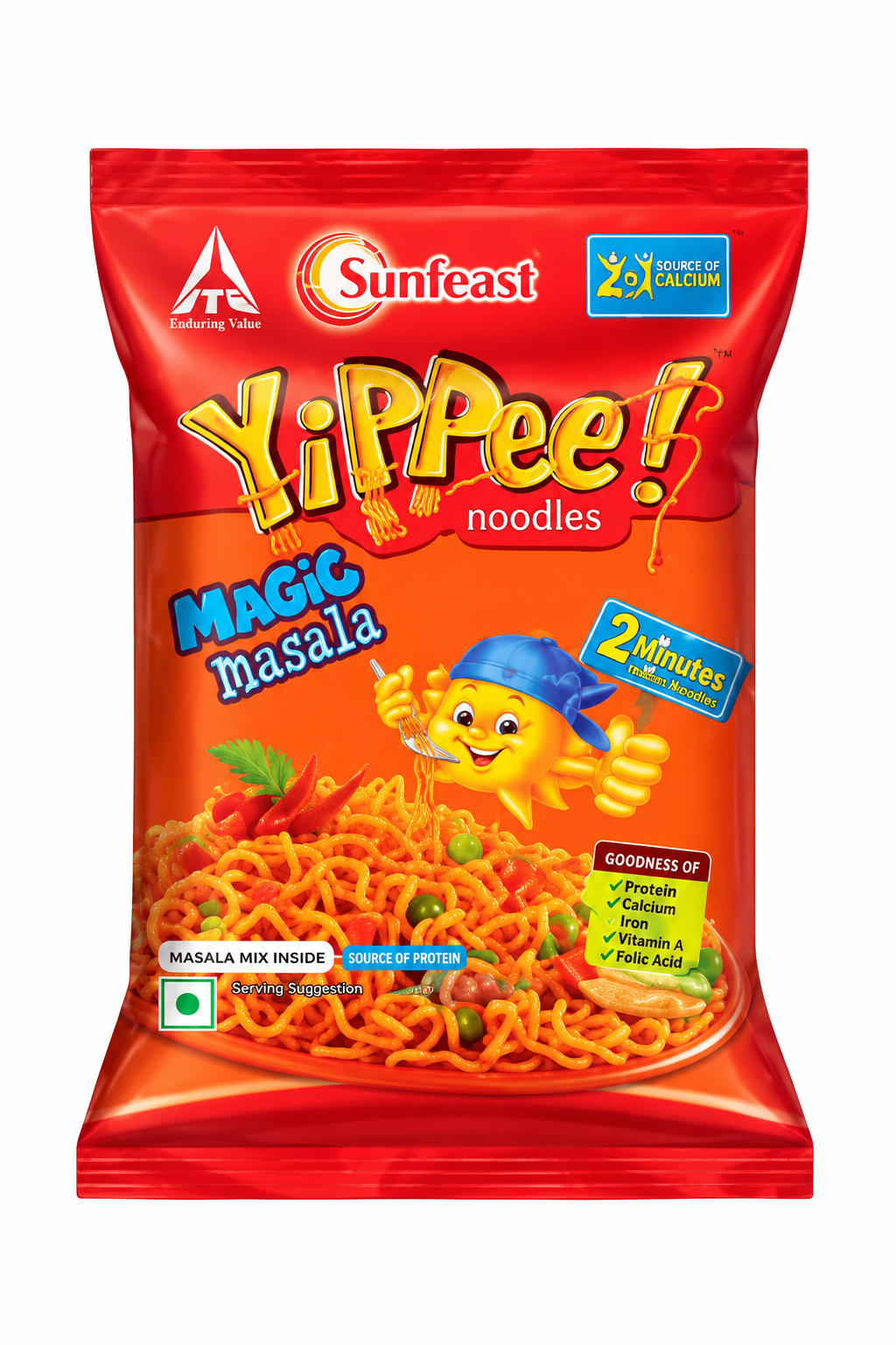 Sunfeast YiPPee! Magic Masala instant noodles packet in red and orange packaging, featuring the YiPPee! logo, noodle mascot, and a serving of masala noodles on a clean white background.