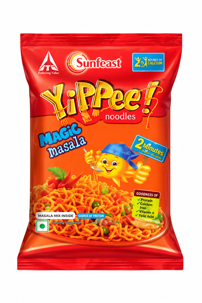 Sunfeast YiPPee! Magic Masala instant noodles packet in red and orange packaging, featuring the YiPPee! logo, noodle mascot, and a serving of masala noodles on a clean white background.