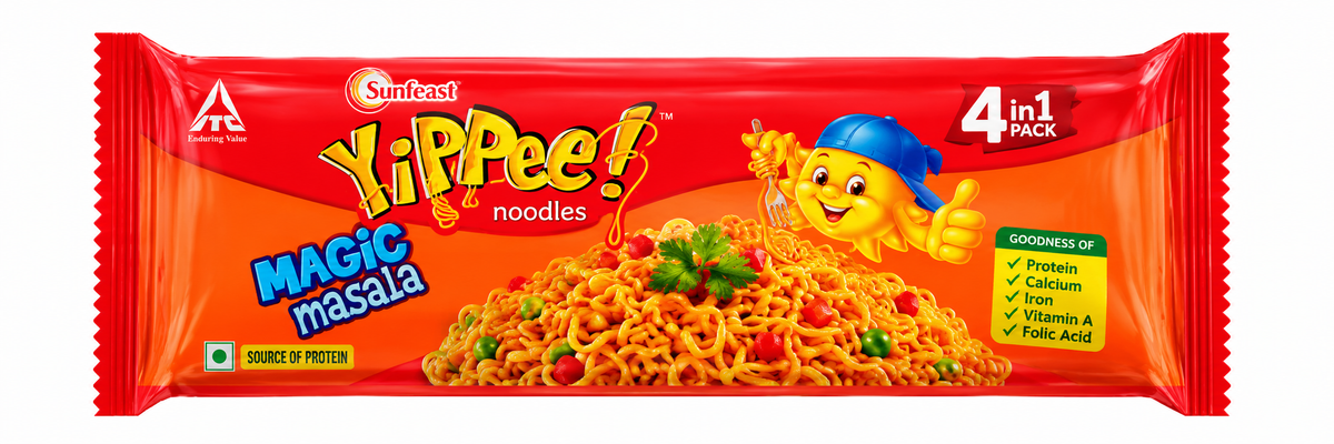 Sunfeast YiPPee! Magic Masala Noodles 280g multipack in red and orange packaging, featuring the YiPPee! logo, noodle mascot, and a serving of masala noodles on a clean white background.