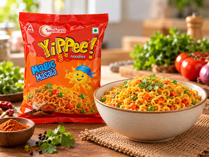 Sunfeast YiPPee! Magic Masala noodles 70g pack served with a bowl of cooked masala noodles, vegetables and fresh coriander on a wooden table.