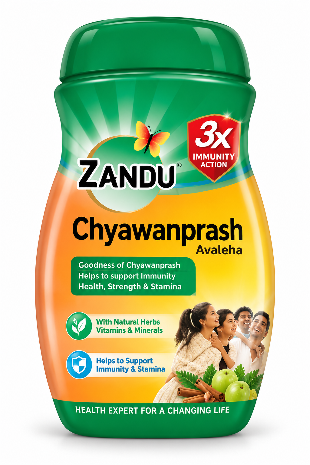 Zandu Chyawanprash Avaleha 450g jar featuring a vibrant green lid, green and yellow-orange packaging, the Zandu logo, a red 3X immunity action badge, and illustrations of amla fruits, natural herbs, and a happy family. Displayed upright against a clean white background, highlighting traditional Ayurvedic chyawanprash made with herbal ingredients for daily wellness and nutritional support.