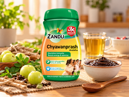 Zandu Chyawanprash 450g jar displayed on a warm wooden breakfast table alongside a bowl of dark chyawanprash, a wooden spoon, fresh green amla fruits, herbal ingredients, and a glass of tea. Featuring the distinctive green lid and yellow-orange packaging, this lifestyle image presents traditional Ayurvedic chyawanprash as part of a daily breakfast and wellness routine.